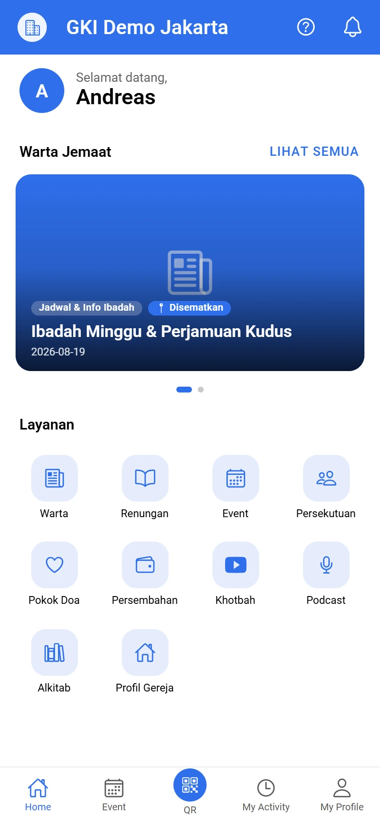 Beranda aplikasi jemaat: nama gereja di kepala halaman, warta minggu ini, dan pintasan sepuluh layanan gereja