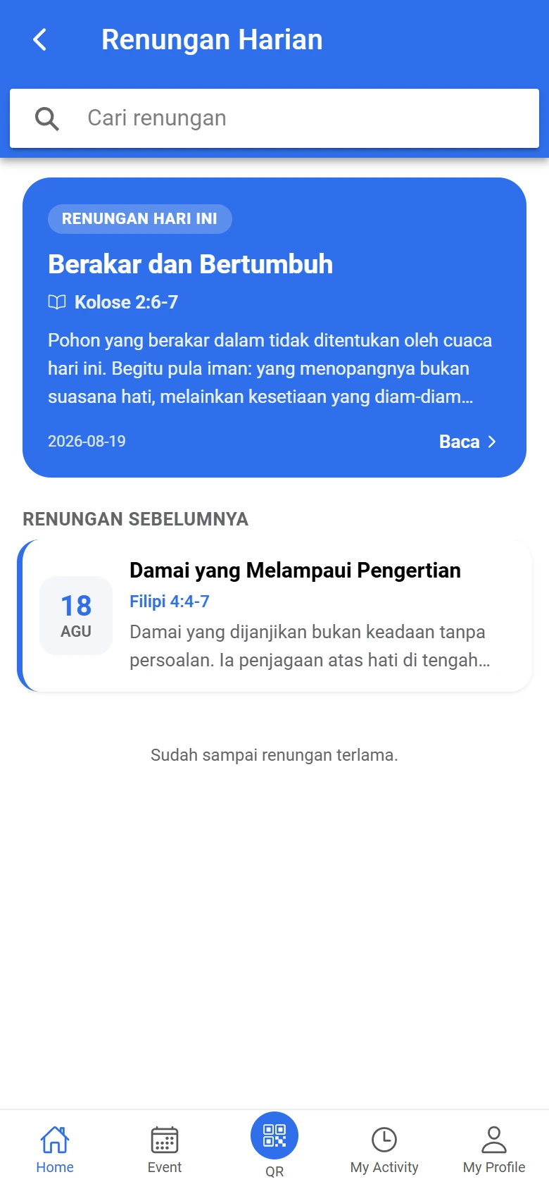 Layar Renungan Harian di aplikasi jemaat: renungan hari ini beserta nas Alkitab dan daftar renungan sebelumnya
